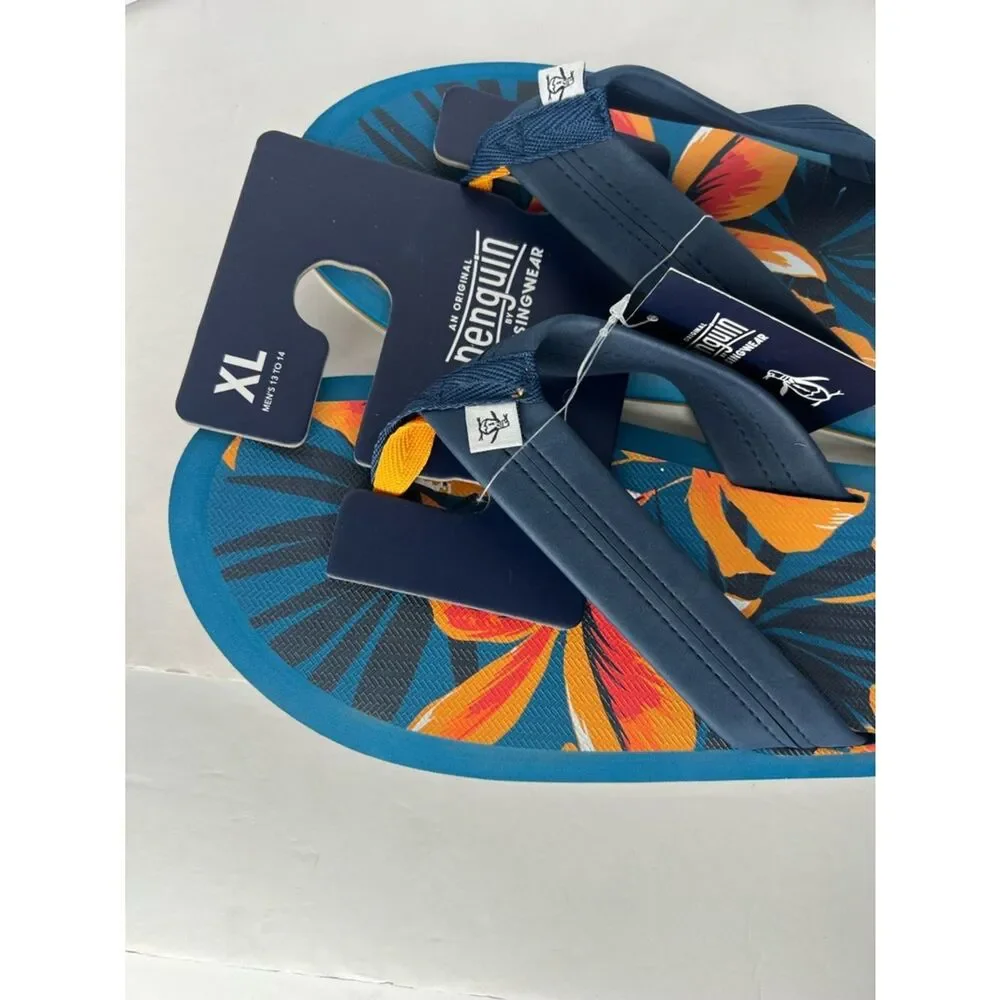 New Original Penguin Navy & Orange Tropical Floral Men's Flip Flops Various Sz